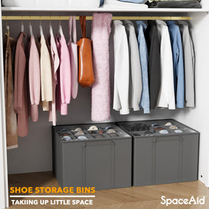 SpaceAid Shoe Organizer for Closet, 2 Pack Foldable Shoe Storage Containers Baskets Boxes Bins w/Adjustable Dividers, Fits 16-32 Pairs, Black