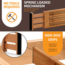 Load image into Gallery viewer, 6 Pack Drawer Dividers 6 Inch High, 11”-17&quot; Adjustable Bamboo Organizers Large Expandable Drawer Separators for Cloths, Dresser, Bedroom, Bathroom, Baby Drawer, Office &amp; Kitchen Utensils (Natural)
