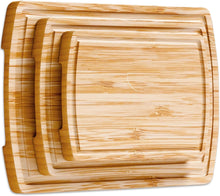 Load image into Gallery viewer, Bambüsi Bamboo Cutting Board Set &amp; Mineral Oil – 3-Piece Wood Boards