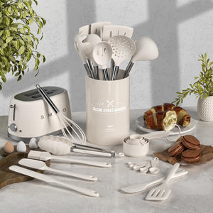 Umite Chef Silicone Kitchen Cooking Utensil Set, 43 pcs Spatula Set with Stainless Steel Handle, Non-stick Heat Resistant - Best Cookware Set-(Khaki)