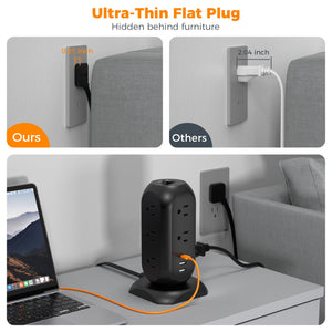 Tower Power Strip Flat Plug with 11 Outlets 3 USB (1 USB C), TESSAN Surge Protector Tower 1625W/13A,1050J Protection, 6 Feet Extension Cord with Multiple Outlets, Office Desk Supplies, Dorm Essentials