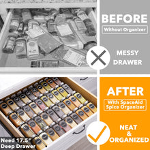 Load image into Gallery viewer, SpaceAid Spice Drawer Organizer with 28 Spice Jars, 386 Spice Labels, 4 Tier Seasoning Rack Tray Insert for Kitchen Drawers, 13&quot; Wide x 17.5&quot; Deep