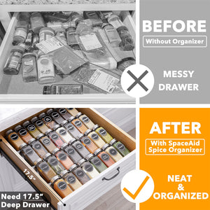 SpaceAid Spice Drawer Organizer with 28 Spice Jars, 386 Spice Labels, 4 Tier Seasoning Rack Tray Insert for Kitchen Drawers, 13" Wide x 17.5" Deep