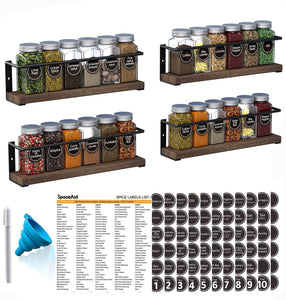 SpaceAid Spice Rack Organizer for Cabinet Door or Wall Mount (4 Pack) with 415 Spice Labels - Wood Hanging Seasoning Shelf for Cupboard Pantry or over the Stove