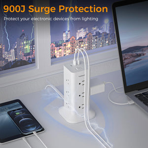 Tower Power Strip with 6 Feet Extension Cord, 8 Outlets 3 USB Chargers, 1700 Joules Surge Protection, Extension Cord with Multiple Outlets, 1875W, Office Supplies, Dorm Essentials, Charging Station