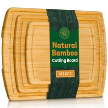 Load image into Gallery viewer, Wood Cutting Board - 3 Piece Bamboo Cutting Board Set, Wooden Cutting Boards for Kitchen with Deep Juice Groove, Side Handles - Wood Chopping Boards for Meal Prep, Meat, Vegetables, Cheese Charcuterie