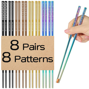 8 Pairs Metal Chopsticks Reusable 18/8 Stainless Steel Chopsticks Set Cute Laser Engraved Non-slip Japanese Korean Chinese Chopstick for Cooking Eating Dishwasher Safe 9.25" Chop Sticks Gift Set