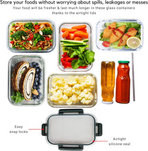 Load image into Gallery viewer, Brieftons Glass Meal Prep Containers: 5 Pack, 35 Oz with Airtight, Leakproof Snap Locking Lids, Perfect for Food Storage, Lunch &amp; Portion Control, BPA-Free, Microwave, Oven, Freezer &amp; Dishwasher Safe