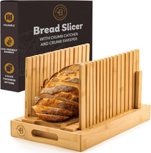 Load image into Gallery viewer, Bread Slicer for Homemade Bread with 10-Inch Serrated Bread Knife – Adjustable Width Bamboo Bread Cutter for Loaves, Bagels, Cakes – Cutting Guide with Crumb Tray