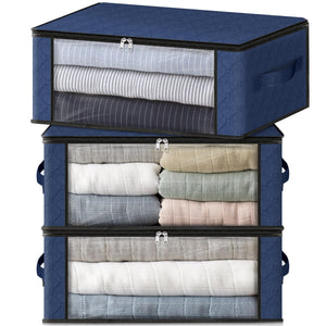 HomeHacks Storage 3-Pack Clothes Organizer Storage Bags Foldable Storage Box with Large Clear Window Sturdy Handles for Closet, Dorm, Pillows, Bedding, Clothes, Blankets, 35L, Gray