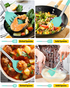 Pack of 4 Silicone Cooking Utensils Set, Non Stick Large Solid Spatulas, Heat Resistant Black Slotted Spoons, Ideal BPA Free Kitchen Turners for Frying, Mixing,Serving,Draining,Turning,Stirring