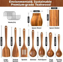 Load image into Gallery viewer, Natural Teak Kitchen Cooking Utensil Set with Holder, Wooden Spoons for Cooking, 10PCS Cooking Spatulas Set with Spoon Rest, Wooden Utensil Set for Nonstick Cookware Sturdy &amp; Lightweight