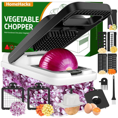 HomeHacks Vegetable Chopper Vegetable Cutter, 12 in 1 Multi-Functional Kitchen Gadget Set - Dicer, Slicer, Cutter, Julience, Cheese Grater, Egg Separator, Hand Guard - Veggie Chopper Lid with Handle