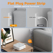 Load image into Gallery viewer, Surge Protector Flat Extension Cord Flat Plug Power Strip, 8 AC Outlets, 3 USB Charger(1 USB C Port) 3-Sided Outlet Extender, 5 Ft, 900 Joules Protection, Office Supplies, Dorm Room Essentials, Grey