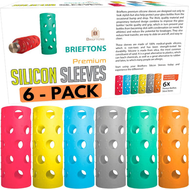 Brieftons Silicone Sleeves: 6-Pack Insulated Anti-Slip Protection Covers, Ultra Thick & Durable, Better Than Neoprene & Rubber, Also Perfect for Aquasana, Pratico Kitchen, Epica & Other Glass Bottles