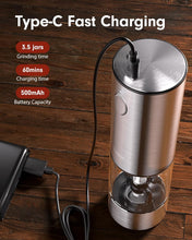 Load image into Gallery viewer, Upgraded Larger Capacity Electric Salt and Pepper Grinder Set Rechargeable with LED lights, Stainless Steel Automatic Pepper and Salt Grinder Refillable with 5 Adjustable Coarseness