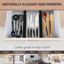 Load image into Gallery viewer, 6 Pack Drawer Dividers 6 Inch High, 11”-17&quot; Adjustable Bamboo Organizers Large Expandable Drawer Separators for Cloths, Dresser, Bedroom, Bathroom, Baby Drawer, Office &amp; Kitchen Utensils (Natural)