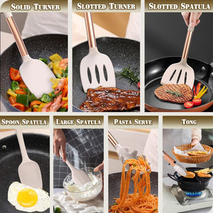 Umite Chef Silicone Kitchen Cooking Utensil Set, 43 pcs Spatula Set with Stainless Steel Handle, Non-stick Heat Resistant - Best Cookware Set-(Khaki)