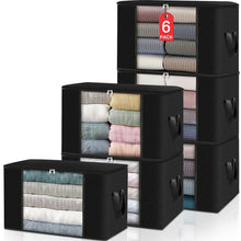 Load image into Gallery viewer, HomeHacks Storage 6-Pack Clothes Organizer Storage Bags Foldable Storage Box with Large Clear Window Sturdy Handles for Closet, Dorm, Pillows, Bedding, Clothes, Stuffed Toys, Blankets, 100L, Black