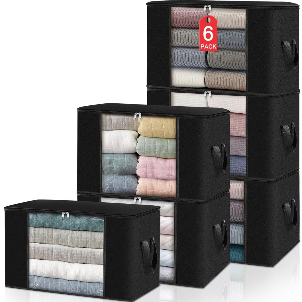 HomeHacks Storage 6-Pack Clothes Organizer Storage Bags Foldable Storage Box with Large Clear Window Sturdy Handles for Closet, Dorm, Pillows, Bedding, Clothes, Stuffed Toys, Blankets, 100L, Black