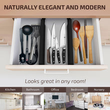 Load image into Gallery viewer, Large Kitchen Drawer Organizer - Expandable Bamboo Drawer Dividers (17&quot; - 21.5&quot;) - Adjustable Separators for Kitchen, Clothes, Dresser, Bedroom, Bathroom, and Desk Drawers - 6 Pack
