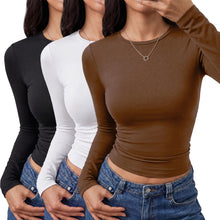 Load image into Gallery viewer, TNNZEET 3 Pack Womens Long Sleeve Shirts Crewneck Basic Fitted Tees Y2K Top | Tight Workout Tops, Slim Fit Plain Tees, Underscrub Casual Shirts women, Going Out Fall Fashion Clothes, Soft Gym Clothing