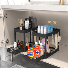 Load image into Gallery viewer, 2PC Under Sink Organizer Rack 2 Tier Under Sliding Cabinet Basket Organizer Drawer with 4 Hooks, Multi-purpose Under Sink Storage for Bathroom Kitchen Desktop（Black）