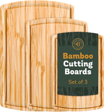 Load image into Gallery viewer, Bambüsi Bamboo Cutting Board Set &amp; Mineral Oil – 3-Piece Wood Boards