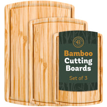 Load image into Gallery viewer, Wood Cutting Board - 3 Piece Bamboo Cutting Board Set, Wooden Cutting Boards for Kitchen with Deep Juice Groove, Side Handles - Wood Chopping Boards for Meal Prep, Meat, Vegetables, Cheese Charcuterie