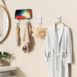 Self-Adhesive Wall Hooks - 4 Pack, Black Metal Coat & Towel Hooks for Hanging: Hold 13 LB, Ideal for Bathrooms, Shower, Kitchen & Doors