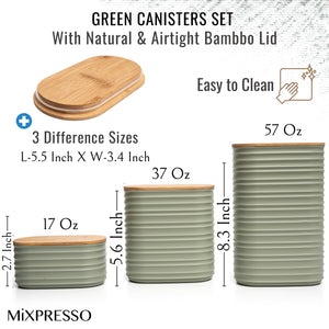 Mixpresso 3 Pcs Olive Green Canisters Sets For The Kitchen, Airtight Plastic Canister With Bamboo Lid, Coffee And Sugar Canister Set, Decorative Sugar Container, Kitchen Decor For Counter