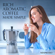 Load image into Gallery viewer, Mixpresso 3 Cup Moka Pot Coffee Maker for Gas, Electric Stove Top, Classic Italian Espresso Maker, Stovetop for Camping, Makes 5 Oz Cuban Coffee