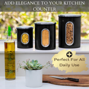 Mixpresso 3 Piece Black Canisters Sets For The Kitchen, Jars With See Window, Airtight Coffee Container Tea Organizer & Sugar Canister, Kitchen Canisters Set of 3 Black Kitchen Décor