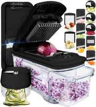 Load image into Gallery viewer, All-in-1 Vegetable Chopper and Mandoline Slicer for Kitchen - Cheese Grater, French Fry Cutter, Cheese Slicer - Bonus Handheld Spiralizer Included (6 in 1, Black/White)