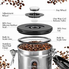 Load image into Gallery viewer, Mixpresso Green Coffee Canister, 16oz Airtight Stainless Steel Kitchen Food Storage Container with Clear Lid and Spoon. for Grounds Coffee, Beans, Tea, Flour, Cereal, Vacuum Sealed Sugar Container