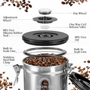 Mixpresso Green Coffee Canister, 16oz Airtight Stainless Steel Kitchen Food Storage Container with Clear Lid and Spoon. for Grounds Coffee, Beans, Tea, Flour, Cereal, Vacuum Sealed Sugar Container