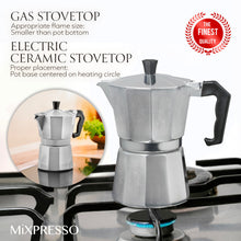 Load image into Gallery viewer, Mixpresso 3 Cup Moka Pot Coffee Maker for Gas, Electric Stove Top, Classic Italian Espresso Maker, Stovetop for Camping, Makes 5 Oz Cuban Coffee