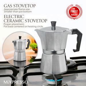 Mixpresso 3 Cup Moka Pot Coffee Maker for Gas, Electric Stove Top, Classic Italian Espresso Maker, Stovetop for Camping, Makes 5 Oz Cuban Coffee
