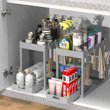 Load image into Gallery viewer, 2PC Under Sink Organizer Rack 2 Tier Under Sliding Cabinet Basket Organizer Drawer with 4 Hooks, Multi-purpose Under Sink Storage for Bathroom Kitchen Desktop（Black）