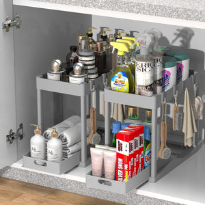 2PC Under Sink Organizer Rack 2 Tier Under Sliding Cabinet Basket Organizer Drawer with 4 Hooks, Multi-purpose Under Sink Storage for Bathroom Kitchen Desktop（Black）
