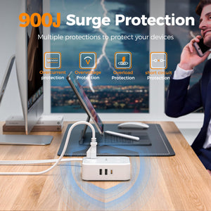 Surge Protector Flat Extension Cord Flat Plug Power Strip, 8 AC Outlets, 3 USB Charger(1 USB C Port) 3-Sided Outlet Extender, 5 Ft, 900 Joules Protection, Office Supplies, Dorm Room Essentials, Grey