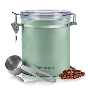 Mixpresso Green Coffee Canister, 16oz Airtight Stainless Steel Kitchen Food Storage Container with Clear Lid and Spoon. for Grounds Coffee, Beans, Tea, Flour, Cereal, Vacuum Sealed Sugar Container
