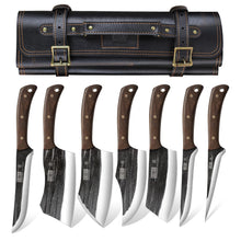 Load image into Gallery viewer, Butcher Knife Set, Hand Forged Butcher Chef Knife Set with Roll Bag, Sharp Meat Cleaver Knife &amp; Bone Chopper Knives &amp; Fillet Knives for Home &amp; Camping &amp; BBQ Gift for Men
