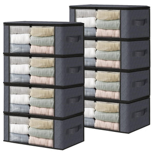HomeHacks Storage 3-Pack Clothes Organizer Storage Bags Foldable Storage Box with Large Clear Window Sturdy Handles for Closet, Dorm, Pillows, Bedding, Clothes, Blankets, 35L, Gray