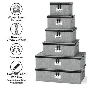 SpaceAid China Storage Containers 6 Pack, Stackable Hard Shell Quilted Cases with Soft Plate Separators, Moving Supplies Packing Boxes for Dishes, Plates, Platters, Mugs, Cups (Grey)