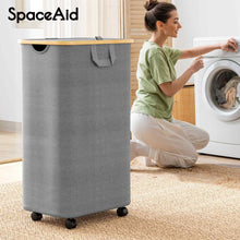 Load image into Gallery viewer, SpaceAid Laundry Hamper with Lid, 110L Large Tall Clothes Basket Bin with Bamboo Handles, Collapsible Laundry Hamper for Bedroom, Bathroom, Dorm, Laundry Room - Black