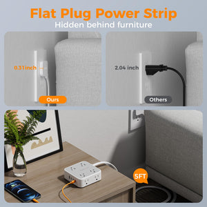 Surge Protector Flat Extension Cord Flat Plug Power Strip, 8 AC Outlets, 3 USB Charger(1 USB C Port) 3-Sided Outlet Extender, 5 Ft, 900 Joules Protection, Office Supplies, Dorm Room Essentials, Grey