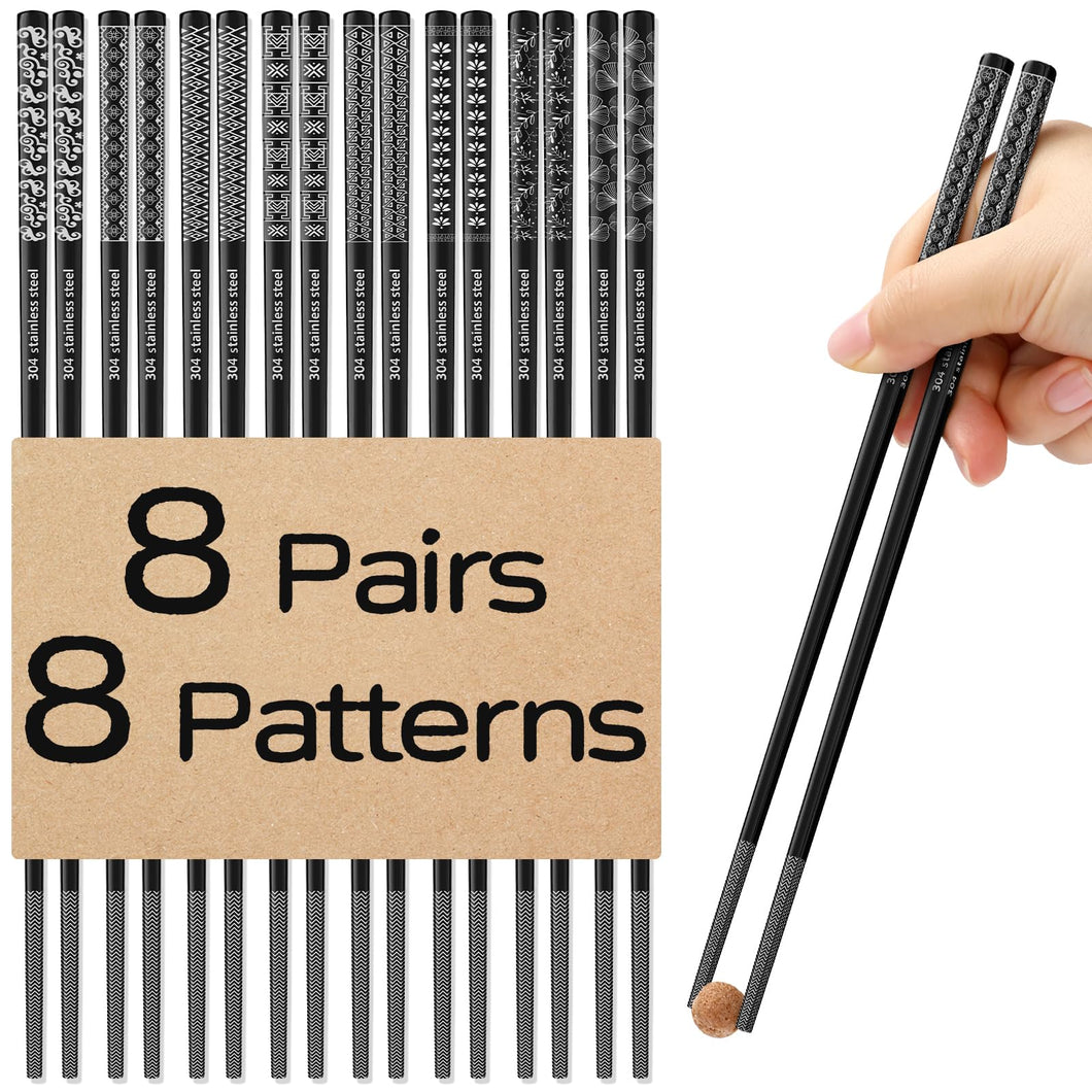 8 Pairs Metal Chopsticks Reusable 18/8 Stainless Steel Chopsticks Set Cute Laser Engraved Non-slip Japanese Korean Chinese Chopstick for Cooking Eating Dishwasher Safe 9.25