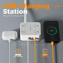 Load image into Gallery viewer, Surge Protector Flat Extension Cord Flat Plug Power Strip, 8 AC Outlets, 3 USB Charger(1 USB C Port) 3-Sided Outlet Extender, 5 Ft, 900 Joules Protection, Office Supplies, Dorm Room Essentials, Grey