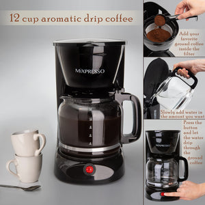 Mixpresso 8-Cup Drip Coffee Maker Programmable, Coffee Pot Machine Including Reusable & Removable Coffee Filter, Black Electric Coffee Maker